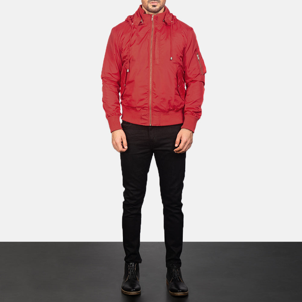 
Hanklin Ma-1 Red Hooded Bomber Jacket - Vista laterale che mostra il taglio ergonomico delle maniche