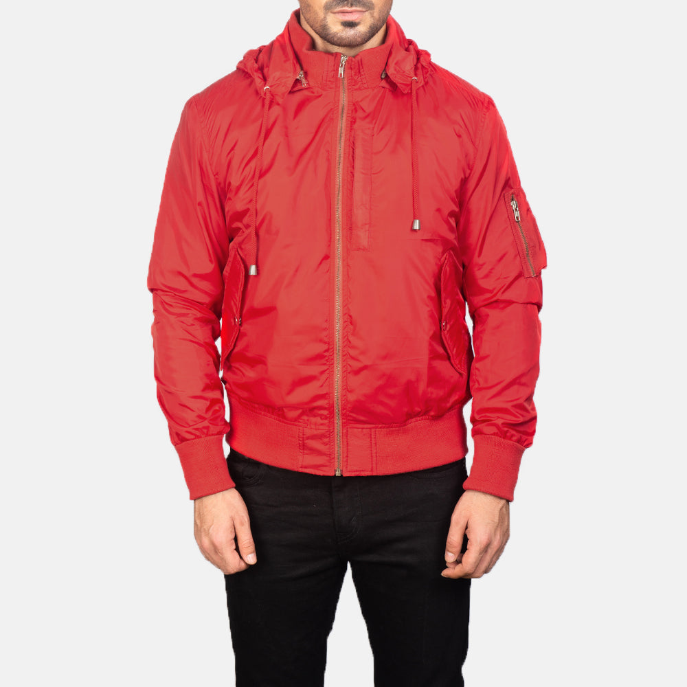 
Dettaglio ravvicinato of Knit Rib with Removable Nylon Hood & Zipper Hardware on Hanklin Ma-1 Red Hooded Bomber Jacket