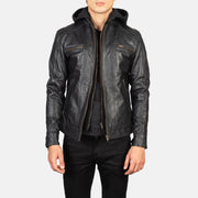 
Hector Nero Hooded Giacca Biker in Pelle da Uomo in Black Cowhide Leather - Vista frontale e silhouette sartoriale | Acquista online