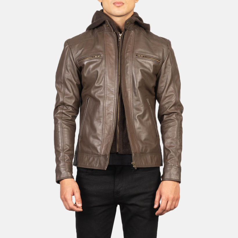 Hector Marrone Hooded Giacca Biker in Pelle da Uomo
