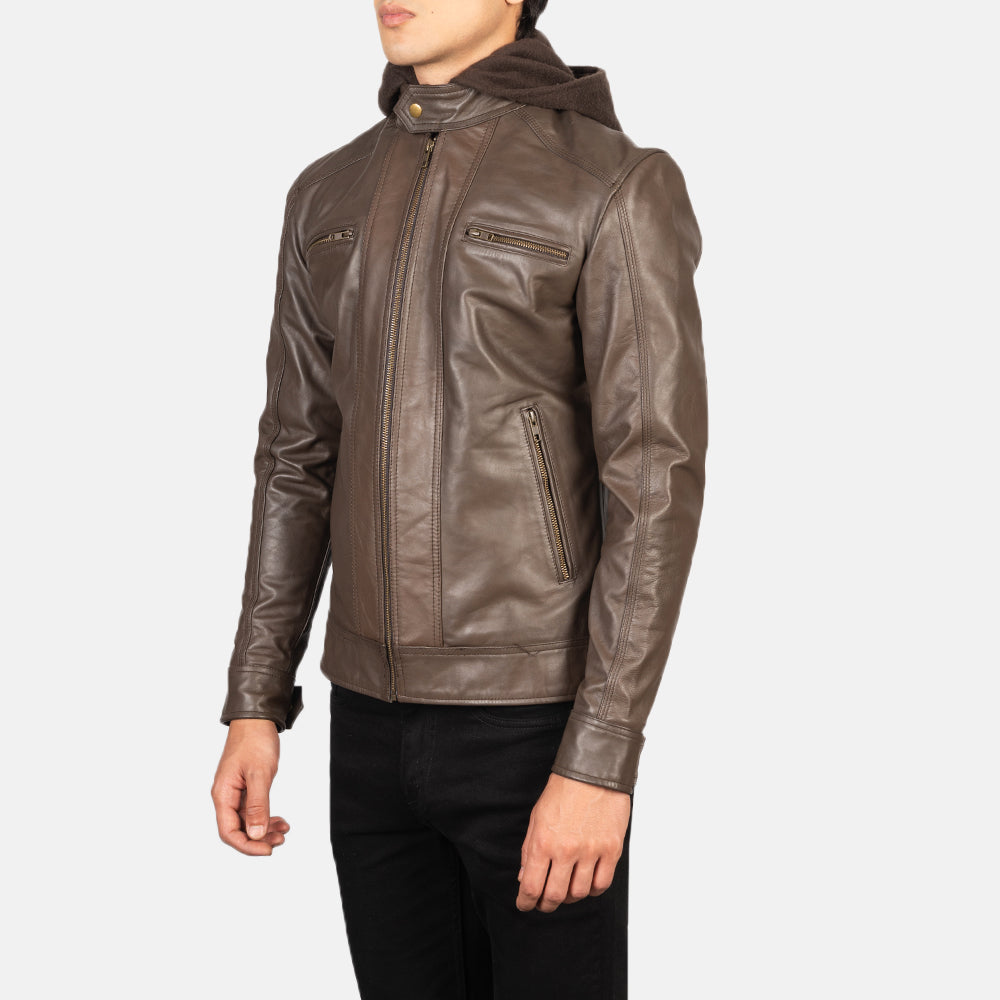 Brown Cowhide Leather Biker Jacket - Vista posteriore Showing Tailored Shoulder Fit &amp; Clean Hemline