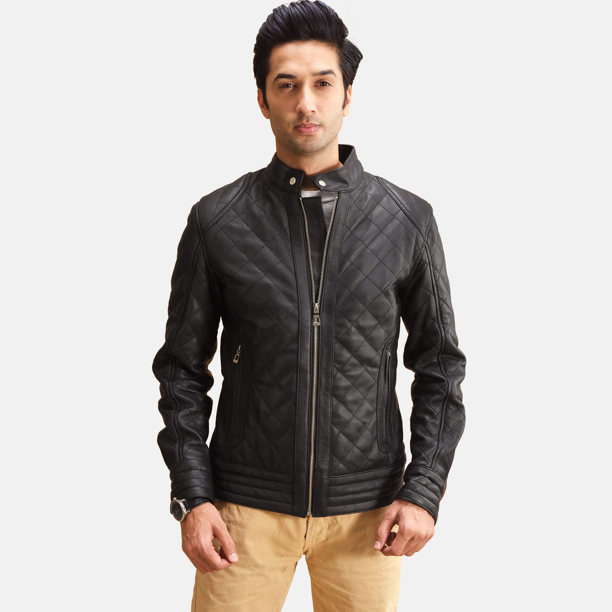 Henry Trapuntato Nero Giacca in Pelle da Uomo in Black Sheepskin Leather - Vista frontale e linea su misura | Acquista online