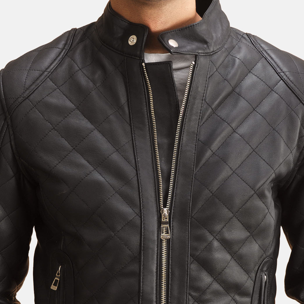 Dettaglio ravvicinato of Band with Snap Button &amp; Zipper Hardware on Henry Trapuntato Nero Giacca in Pelle da Uomo