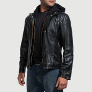 Black Cowhide Leather Hooded Jacket - Vista posteriore Showing Tailored Shoulder Fit &amp; Clean Hemline