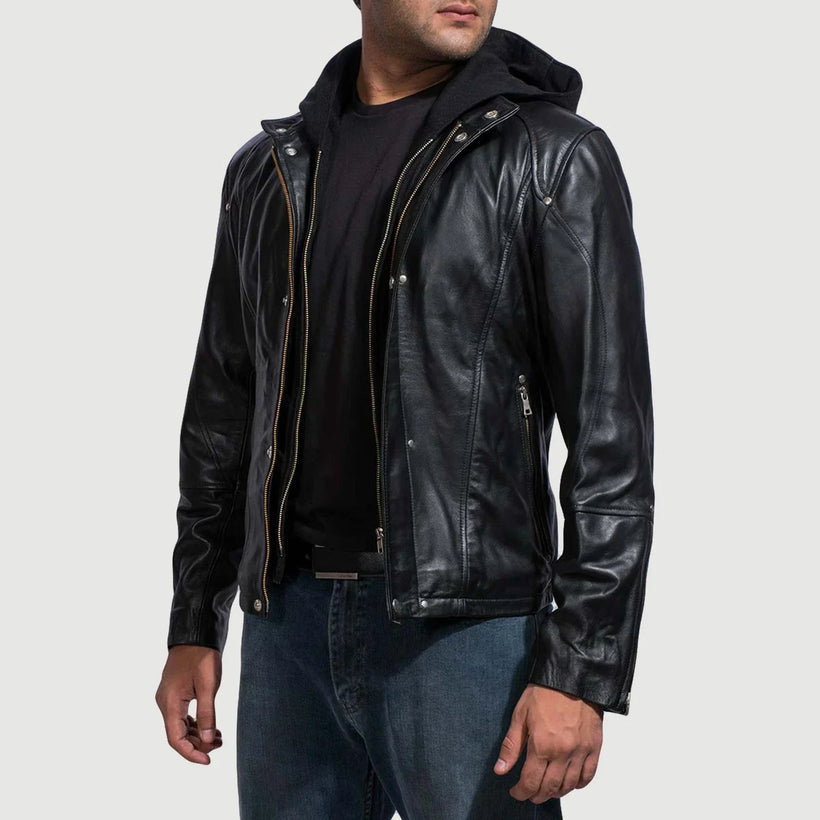 Highschool Nero Hooded Giacca in Pelle da Uomo