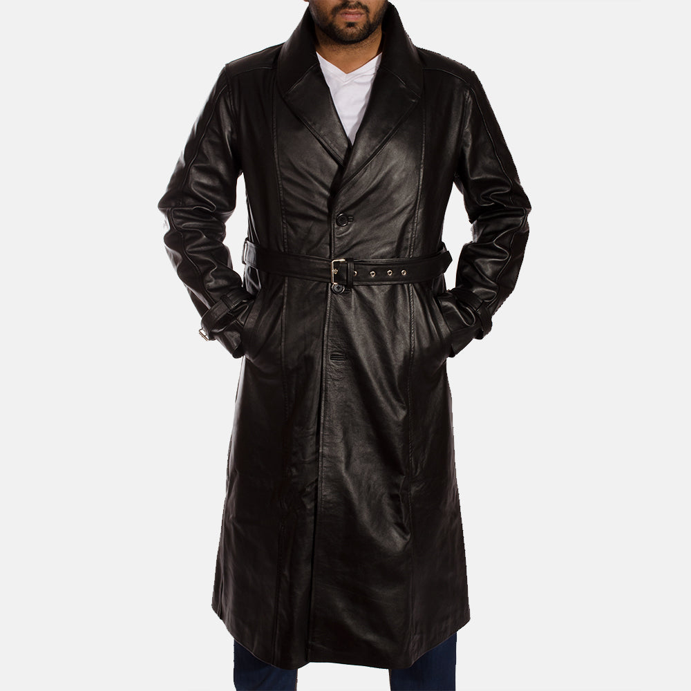 
Hooligan Nero Trench in Pelle da Uomo in Black Cowhide Leather - Vista frontale e silhouette sartoriale | Acquista online