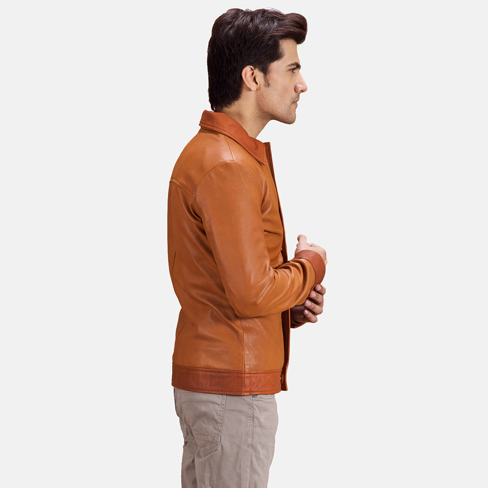 Hubert Cuoio Marrone Giacca in Pelle da Uomo - Lateral Side Profile View Showing Sleeve Cut &amp; Athletic Taper Fit