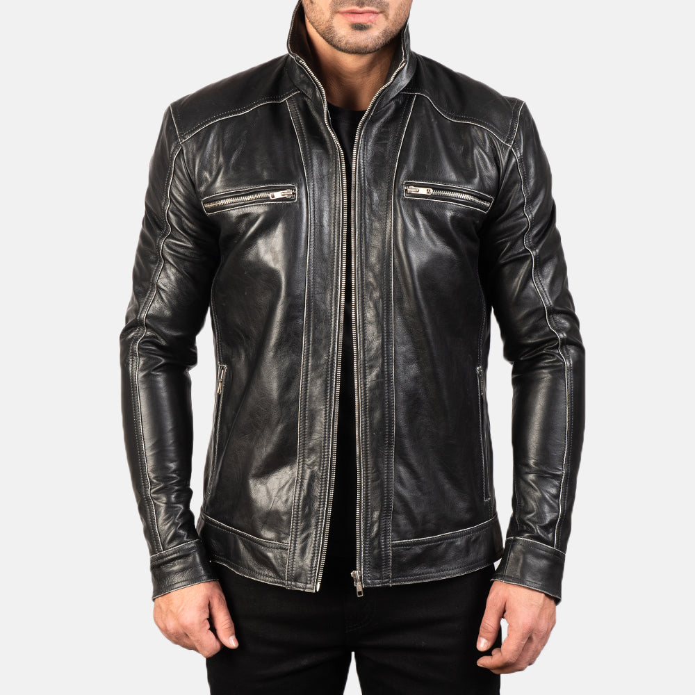 
Hudson Black Leather Biker Jacket in Black Cowhide Leather - Vista frontale e silhouette sartoriale | Acquista online