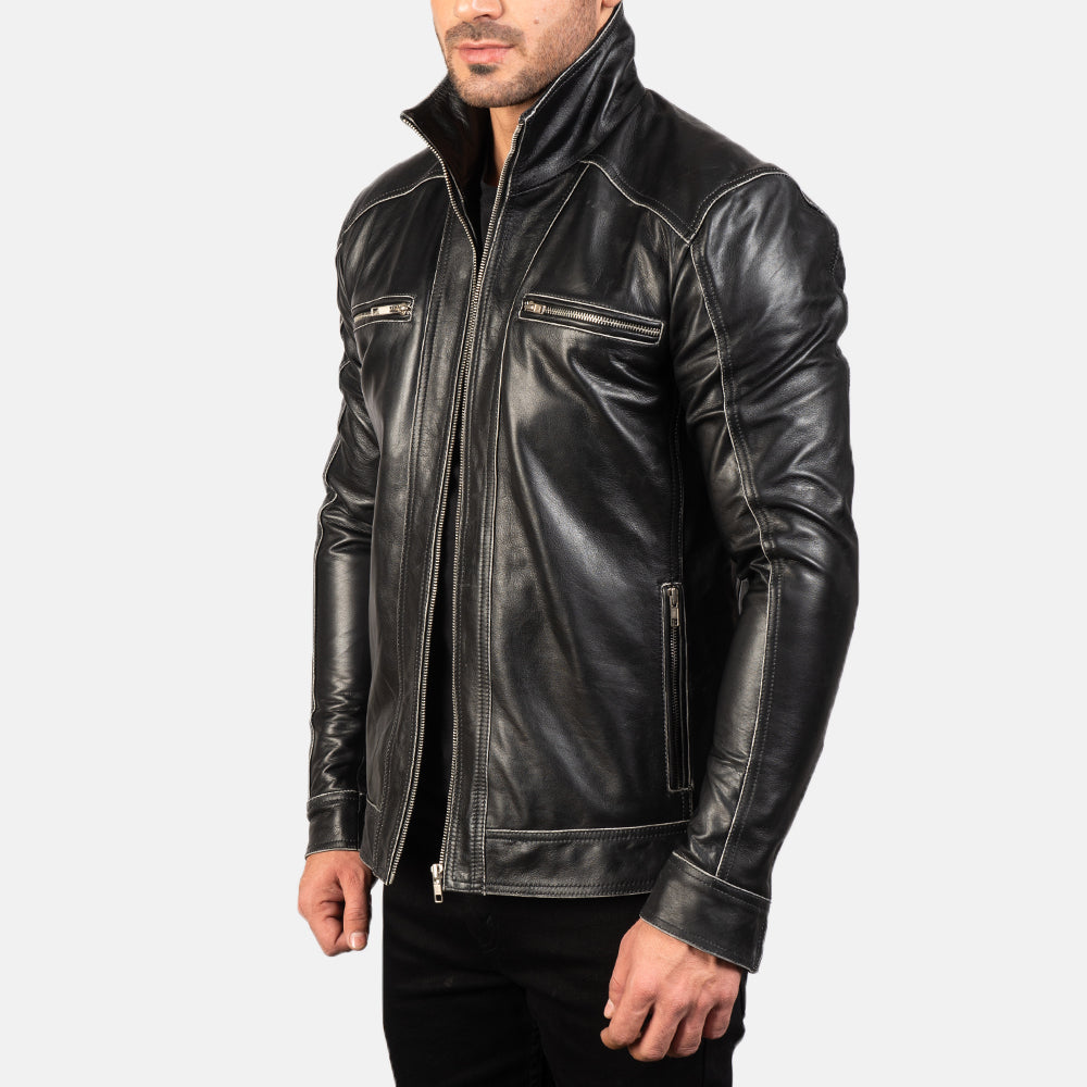 
Black Cowhide Leather Biker Jacket - Vista posteriore con spalle definite e orlo pulito