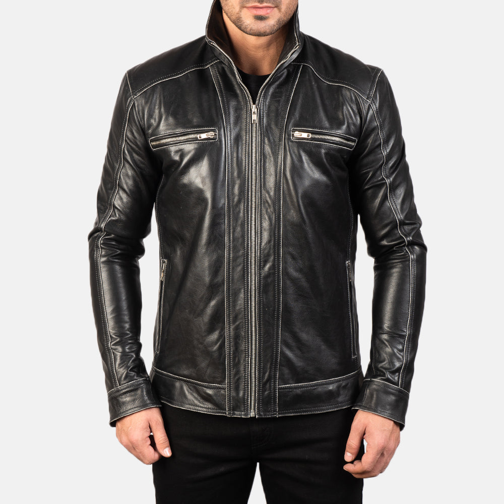 
Dettaglio ravvicinato of High neck Band & Zipper Hardware on Hudson Black Leather Biker Jacket