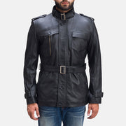 Hunter Nero Giacca in Pelle da Uomo in Black Sheepskin Leather - Vista frontale e linea su misura | Acquista online