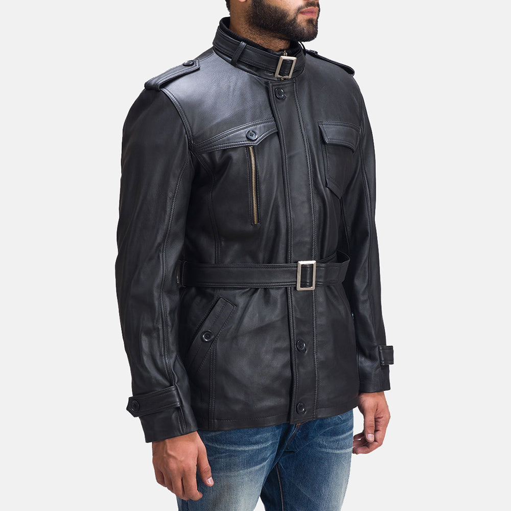 Black Sheepskin leather Coat - Vista posteriore Showing Tailored Shoulder Fit &amp; Clean Hemline