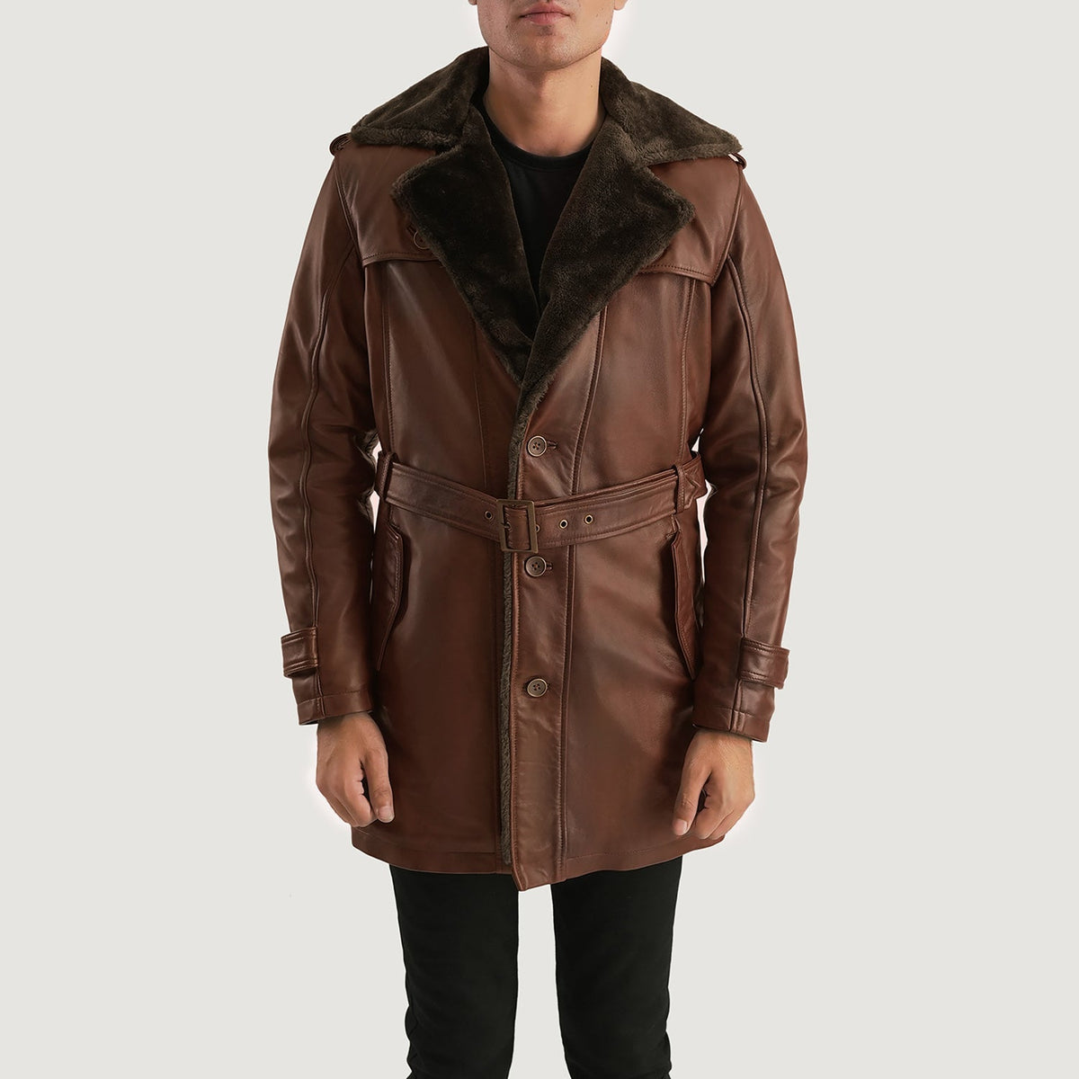 
Hunter Marrone Invecchiato Fur Cappotto in Pelle da Uomo in Distressed Brown Sheepskin Burnishing - Vista frontale e silhouette sartoriale | Acquista online