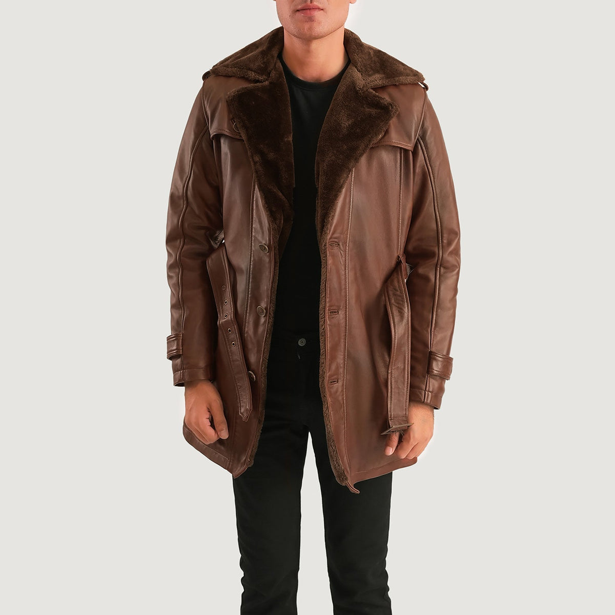 
Hunter Marrone Invecchiato Fur Cappotto in Pelle da Uomo - Vista laterale che mostra il taglio ergonomico delle maniche