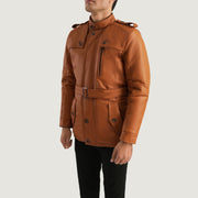 
Tan Brown Sheepskin Leather Aviator Jacket - Vista posteriore con spalle definite e orlo pulito