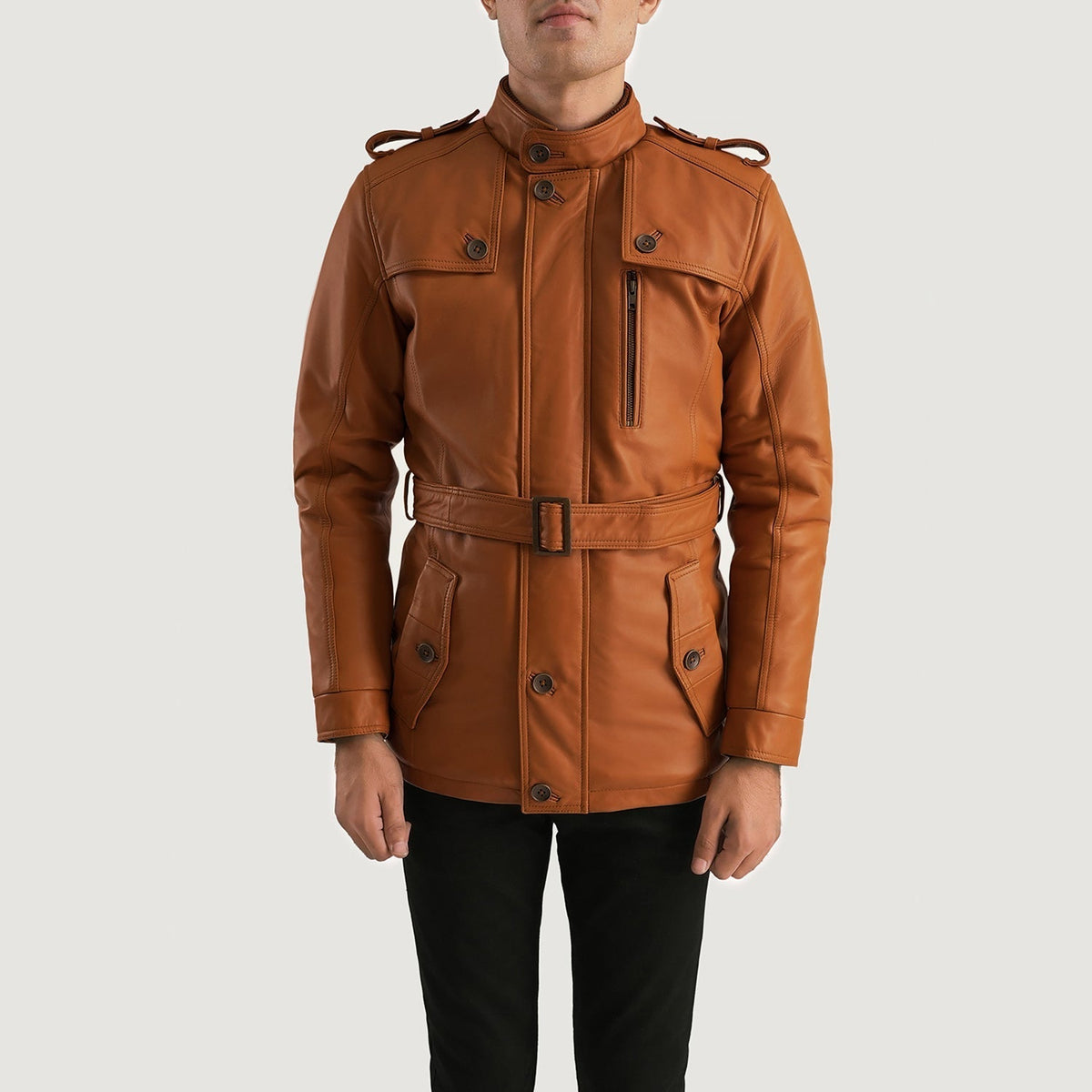 
Dettaglio ravvicinato of Band (Buttoned) & Zipper with Button Flap Hardware on Hunter Cuoio Marrone Fur Giacca in Pelle da Uomo