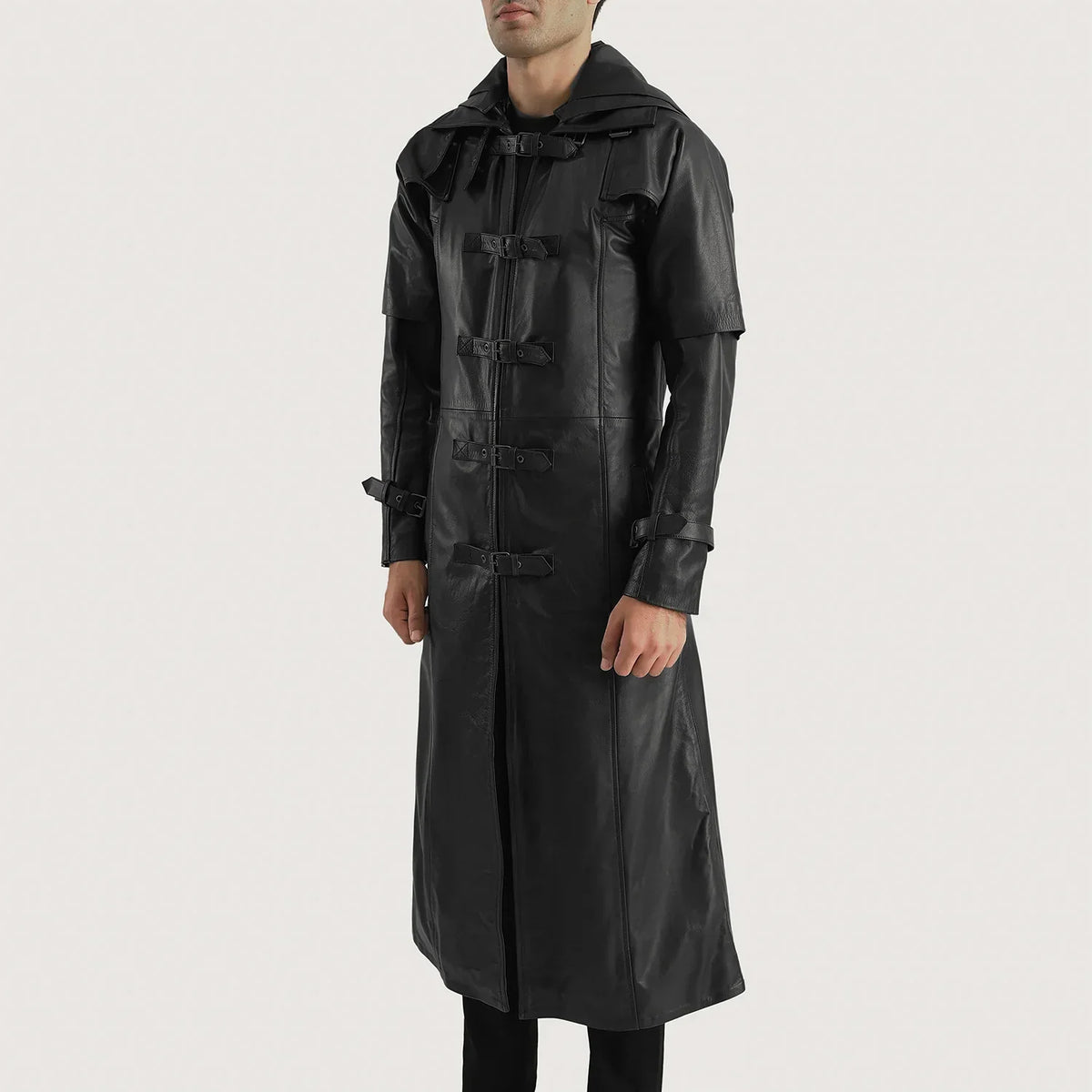 
Black. Cowhide Leather Trench Coat - Vista posteriore con spalle definite e orlo pulito