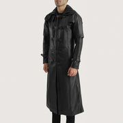 
Black. Cowhide Leather Trench Coat - Vista posteriore con spalle definite e orlo pulito