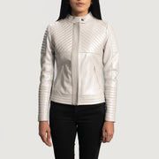 Women's Ice Maiden Silver Trapuntato Giacca Biker in Pelle da Donna in Silver Sheepskin Leather - Vista frontale e linea su misura | Acquista online