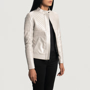 Silver Sheepskin Leather Biker Jacket - Vista posteriore Showing Tailored Shoulder Fit &amp; Clean Hemline