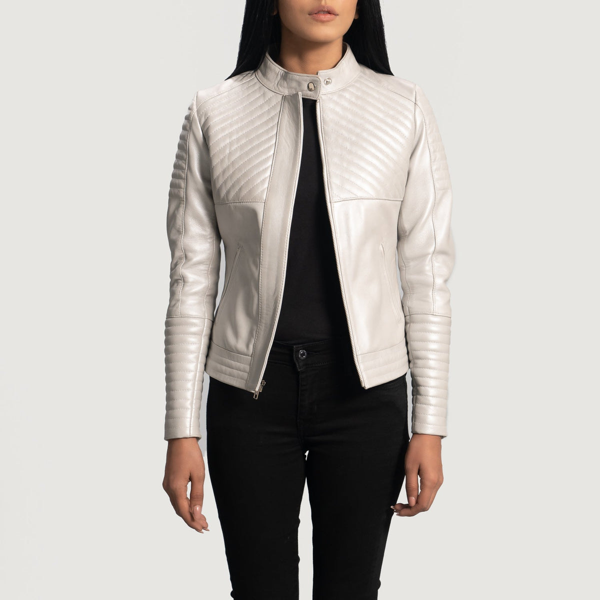 Women's Ice Maiden Silver Trapuntato Giacca Biker in Pelle da Donna - Lateral Side Profile View Showing Sleeve Cut &amp; Athletic Taper Fit
