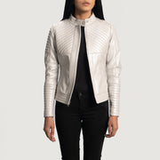 Women's Ice Maiden Silver Trapuntato Giacca Biker in Pelle da Donna - Lateral Side Profile View Showing Sleeve Cut &amp; Athletic Taper Fit