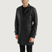 Black Sheepskin leather Coat - Vista posteriore Showing Tailored Shoulder Fit &amp; Clean Hemline