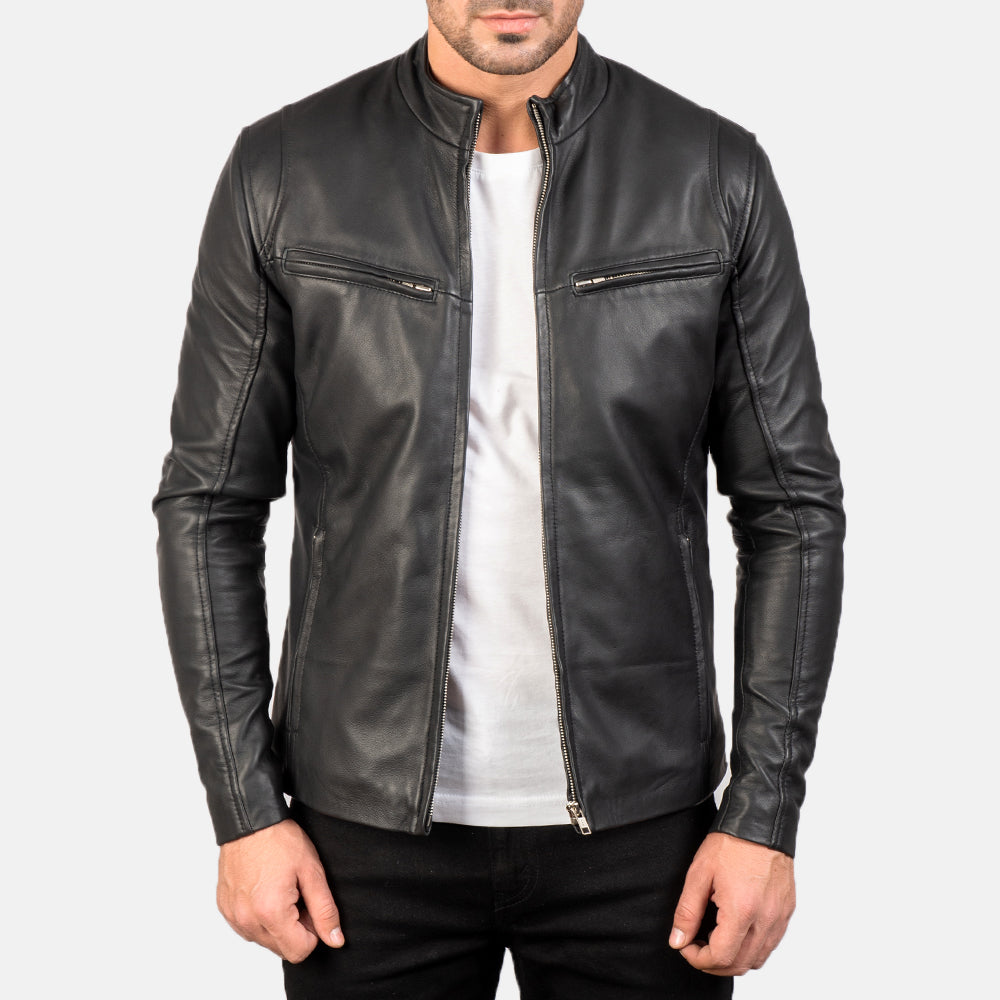 Men's Ionic Black Leather Jacket in Black Sheepskin Leather - Vista frontale e linea su misura | Acquista online