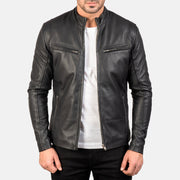 Men's Ionic Black Leather Jacket in Black Sheepskin Leather - Vista frontale e linea su misura | Acquista online