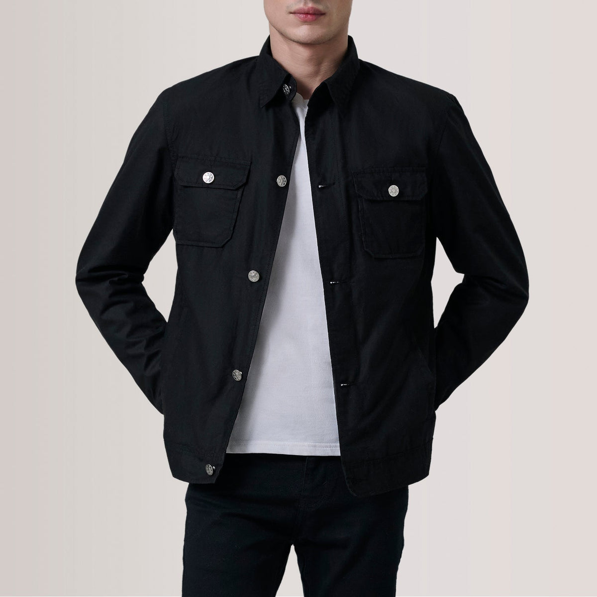 Irwin Nero Waxed Canvas Field Giacca in Pelle da Uomo For Men in Black Waxed Cotton Canvas - Vista frontale e linea su misura | Acquista online