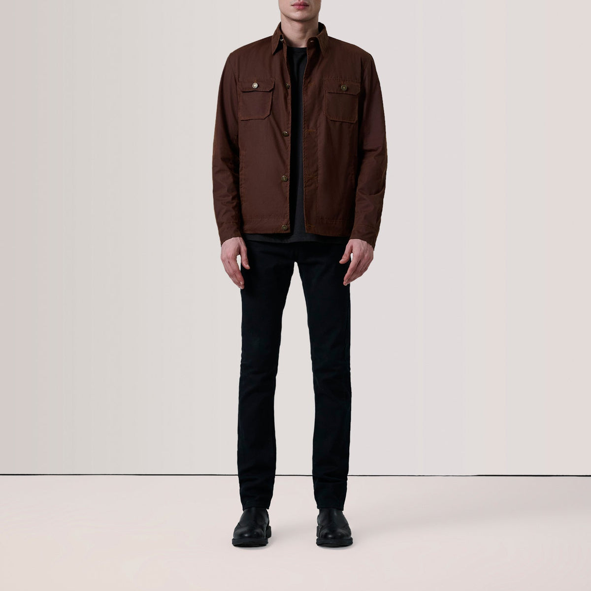 
Brown Waxed Cotton Canvas Leather Jacket - Vista posteriore con spalle definite e orlo pulito