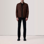 
Brown Waxed Cotton Canvas Leather Jacket - Vista posteriore con spalle definite e orlo pulito