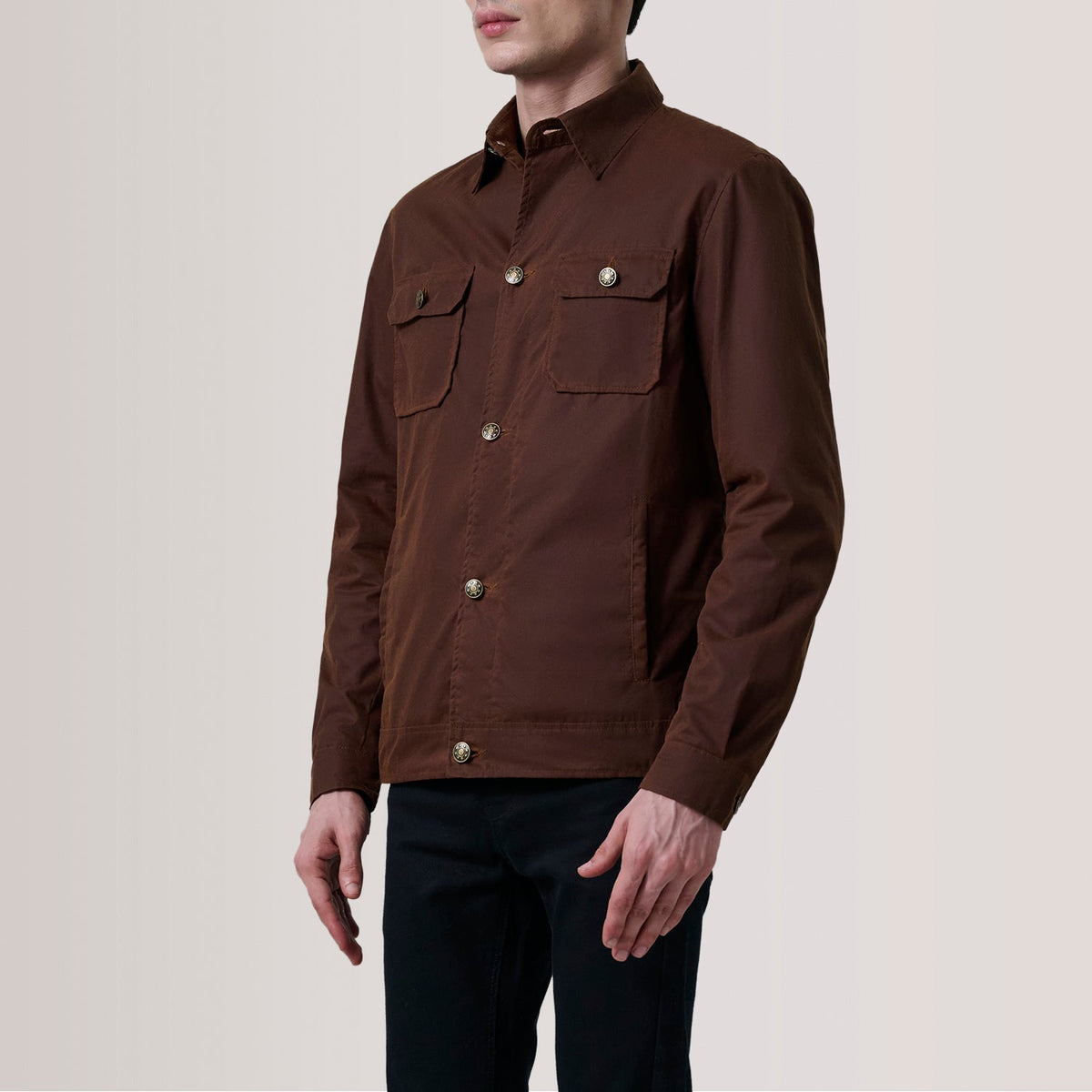 
Irwin Marrone Waxed Canvas Field Giacca in Pelle da Uomo For Men - Vista laterale che mostra il taglio ergonomico delle maniche