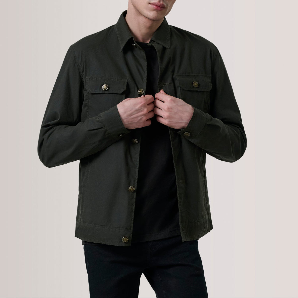 Irwin Olive Waxed Canvas Field Giacca in Pelle da Uomo For Men in Olive Waxed Cotton Canvas - Vista frontale e linea su misura | Acquista online