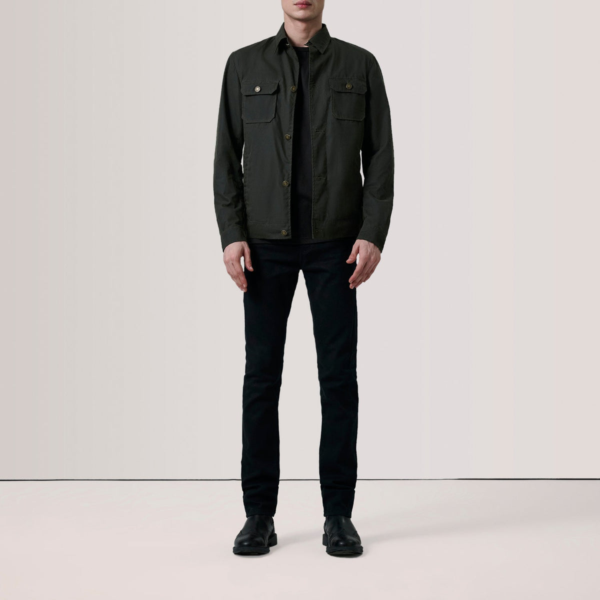 Olive Waxed Cotton Canvas Leather Jacket - Vista posteriore Showing Tailored Shoulder Fit &amp; Clean Hemline