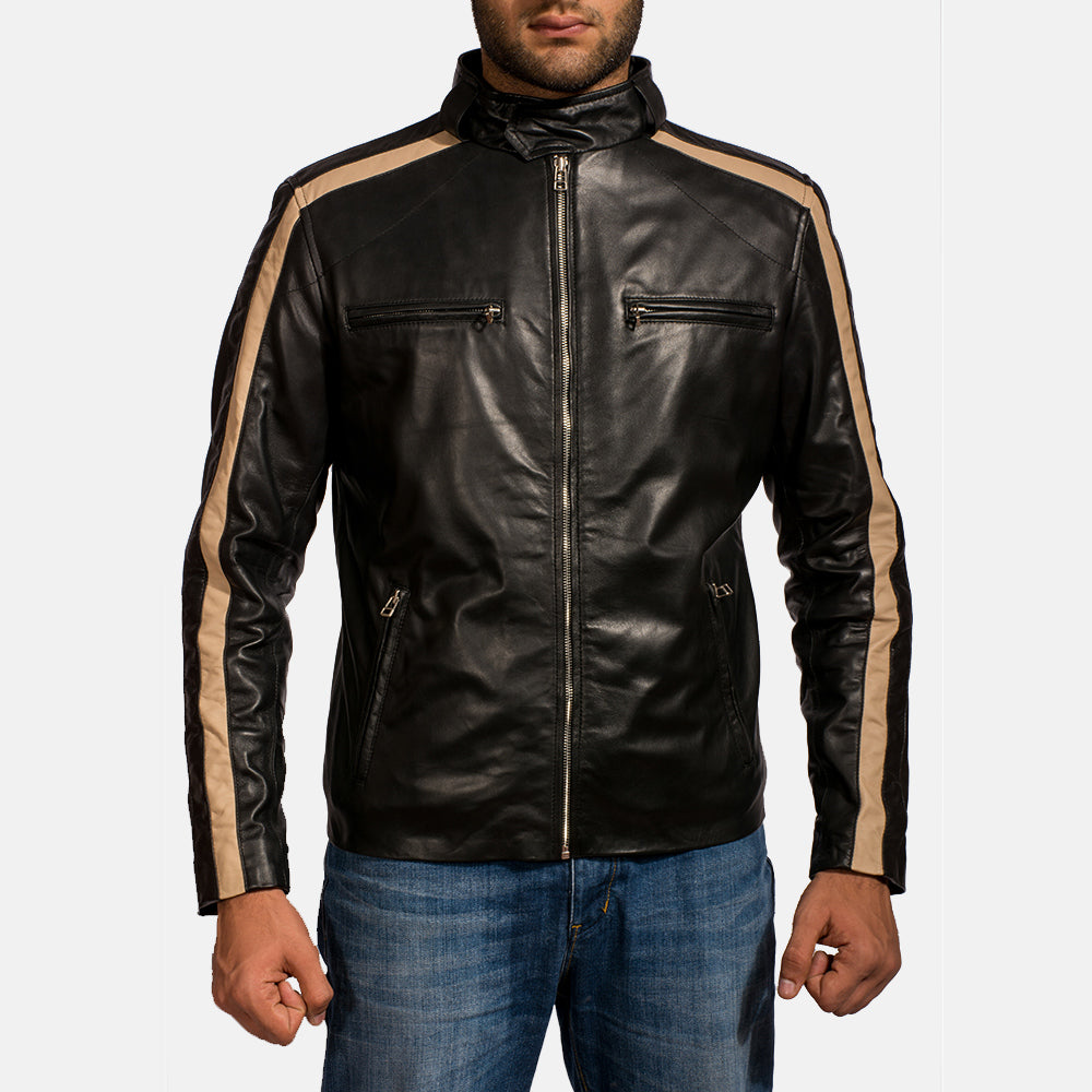 Men's Jack Nero Giacca Biker in Pelle da Uomo in Black Sheepskin Leather - Vista frontale e linea su misura | Acquista online