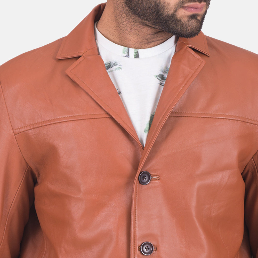 
Dettaglio ravvicinato of Notch & Button Hardware on James Cuoio Marrone Blazer in Pelle in Pelle da Uomo