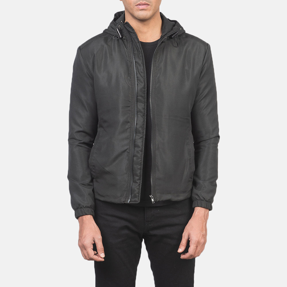 Jimmy Black Hooded Windbreaker Jacket in Black Polyester - Vista frontale e silhouette sartoriale | Acquista online