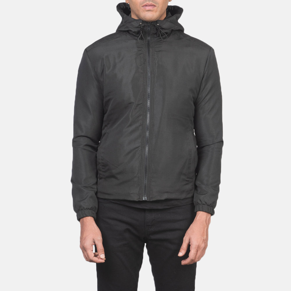 Dettaglio ravvicinato of High Neck with Hood & Zipper with wind flap Hardware on Jimmy Black Hooded Windbreaker Jacket