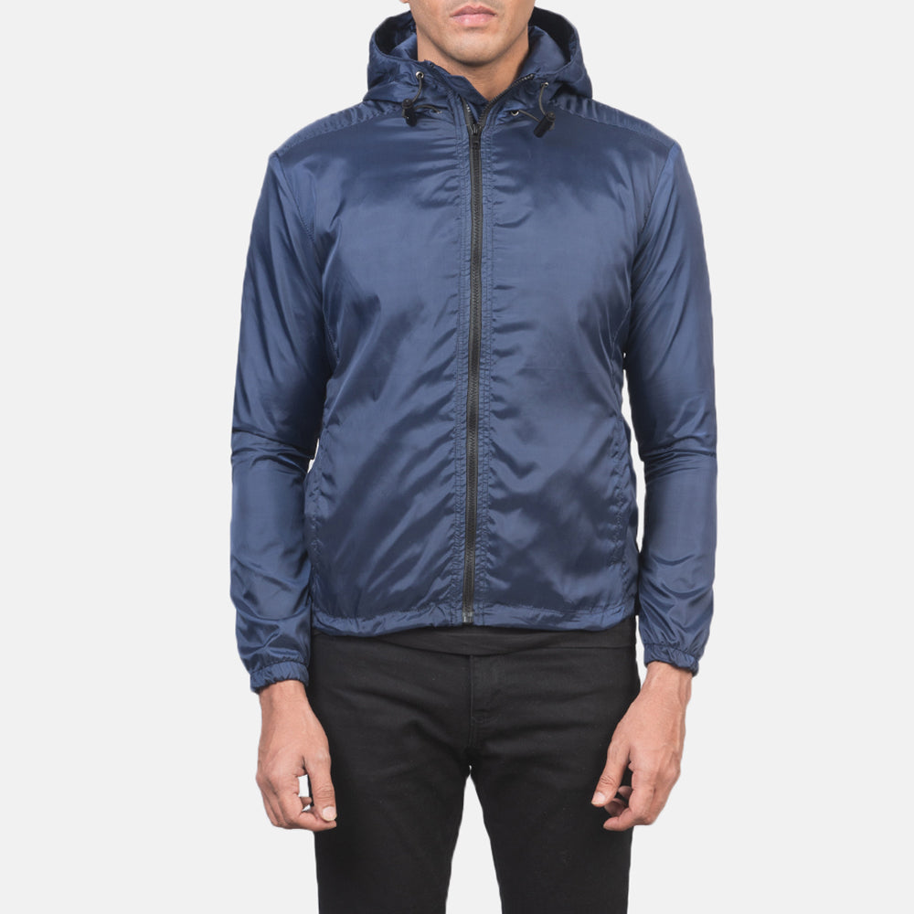 Jimmy Blue Hooded Windbreaker Jacket in Blue Nylon - Vista frontale e silhouette sartoriale | Acquista online