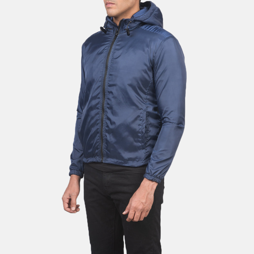
Blue Nylon Hooded Jacket - Vista posteriore con spalle definite e orlo pulito