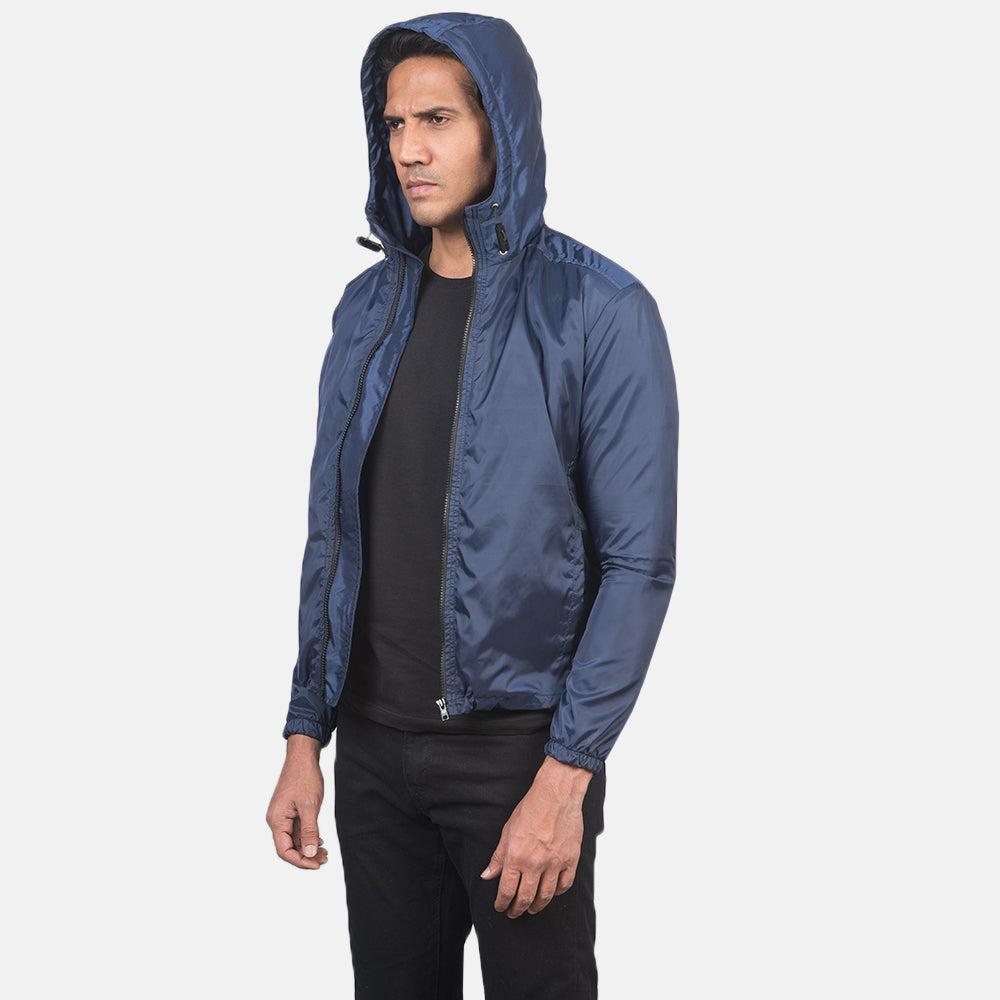 
Dettaglio ravvicinato of High Neck with Hood & Zipper with wind flap Hardware on Jimmy Blu Hooded Windbreaker Giacca in Pelle da Uomo
