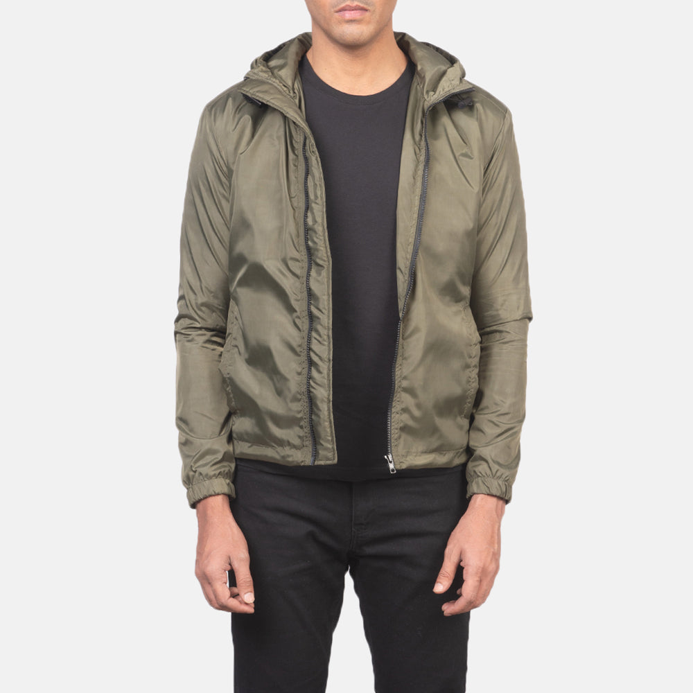Jimmy Green Hooded Windbreaker Jacket in Green Nylon - Vista frontale e silhouette sartoriale | Acquista online