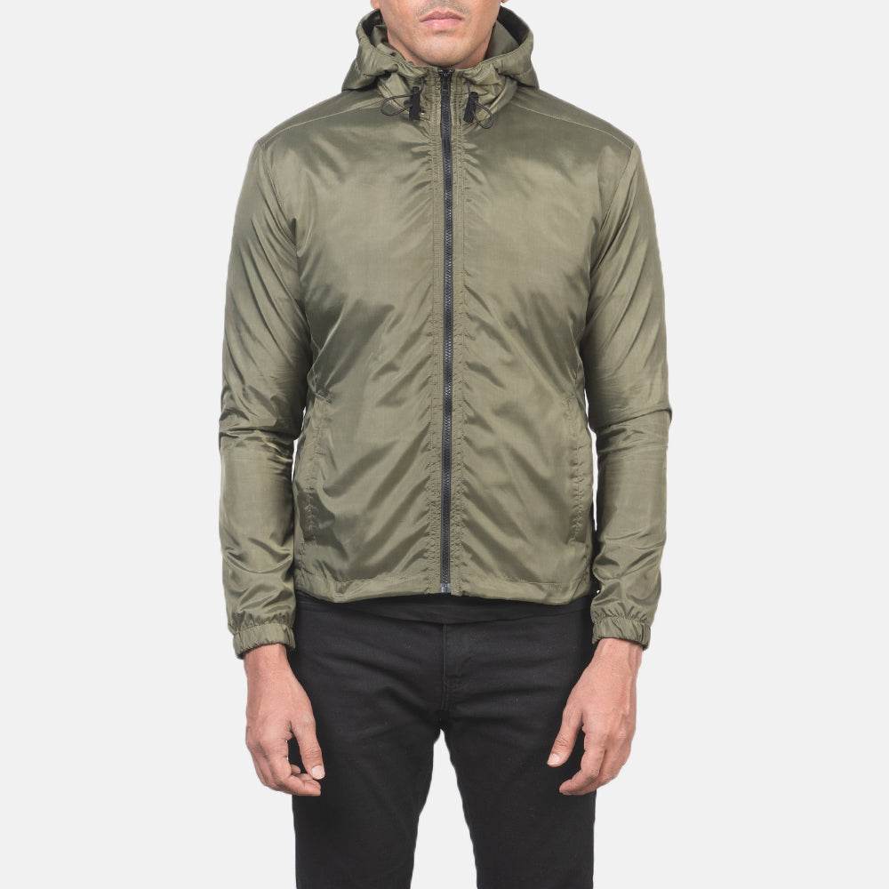 
Dettaglio ravvicinato of High Neck with Hood & Zipper with wind flap Hardware on Jimmy Verde Hooded Windbreaker Giacca in Pelle da Uomo