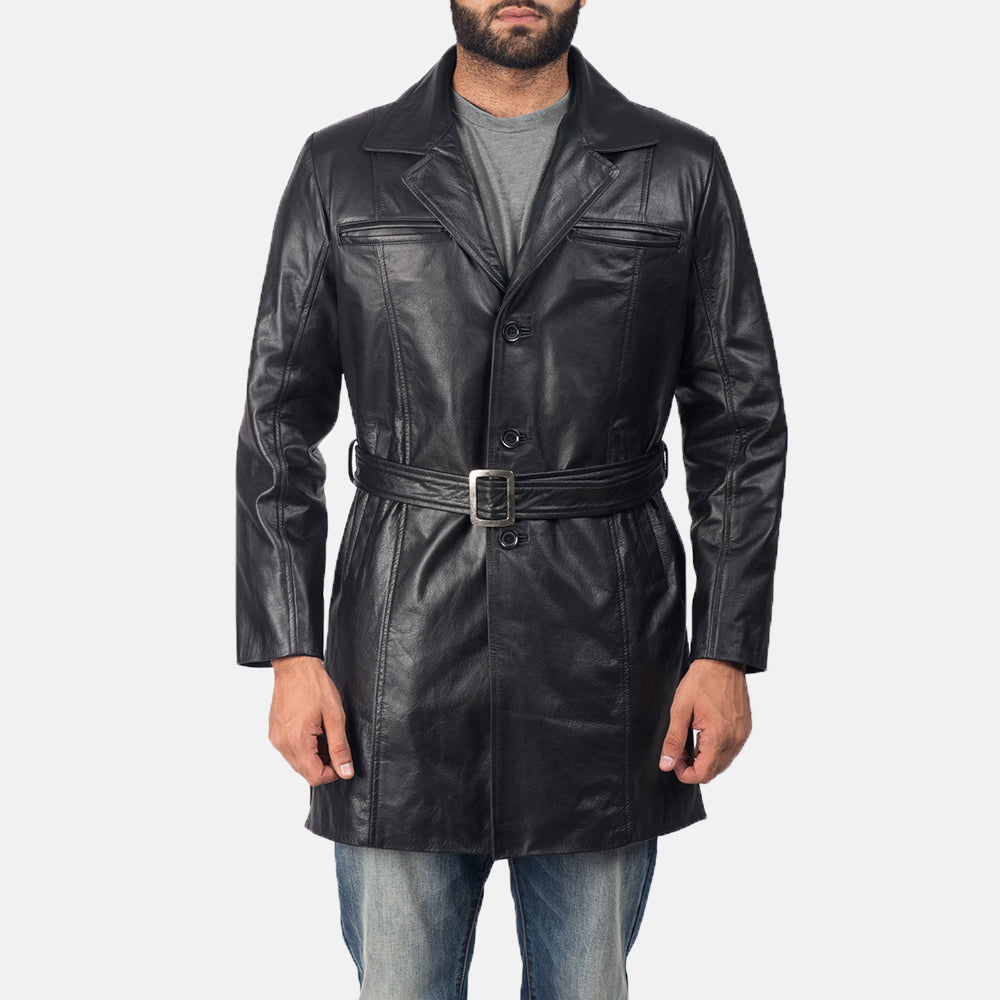 Men's Jordan Nero Cappotto in Pelle da Uomo in Black Cowhide Leather - Vista frontale e linea su misura | Acquista online