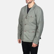 Grey Poly-Cotton Leather Blazer - Vista posteriore Showing Tailored Shoulder Fit &amp; Clean Hemline