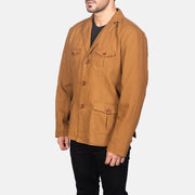 
Khaki Poly-Cotton Leather Blazer - Vista posteriore con spalle definite e orlo pulito