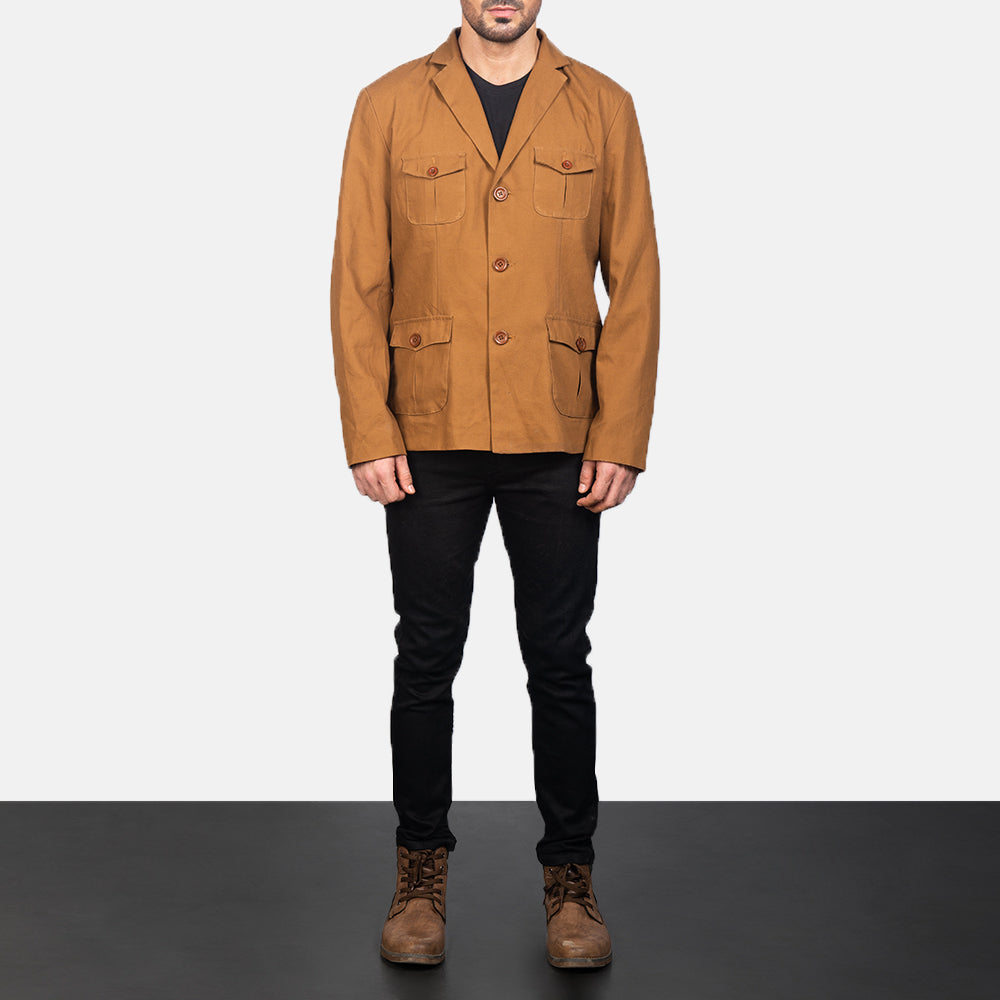 
Kajetan Khaki Safari Giacca in Pelle da Uomo - Vista laterale che mostra il taglio ergonomico delle maniche