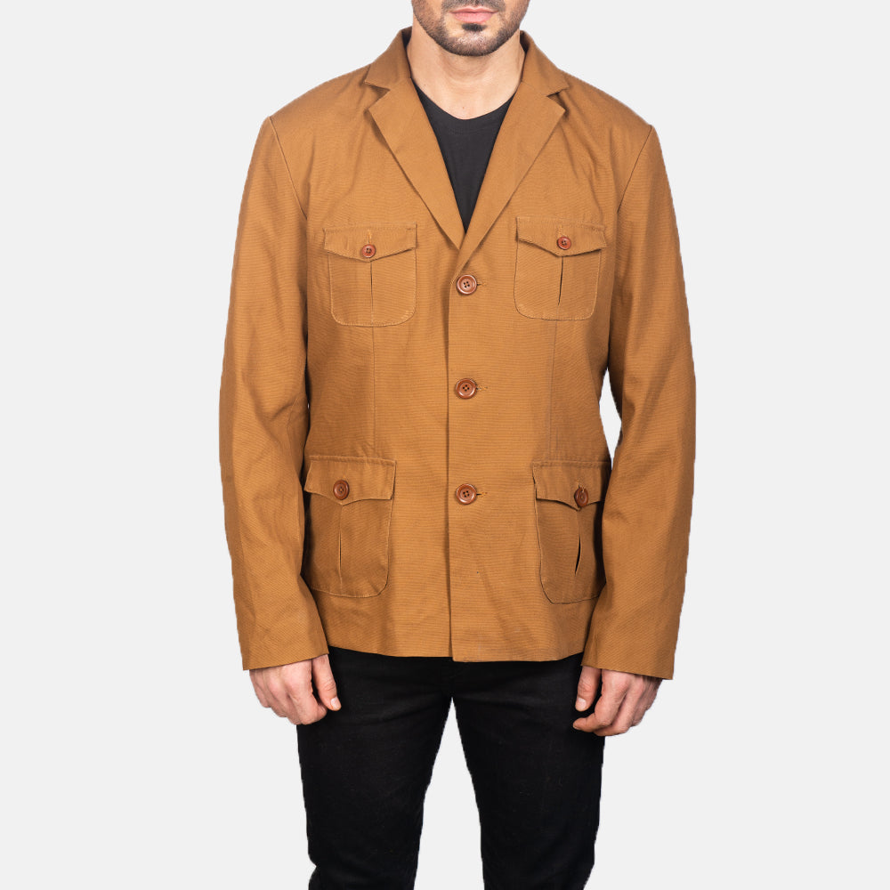 
Dettaglio ravvicinato of Notch & Button Hardware on Kajetan Khaki Safari Giacca in Pelle da Uomo