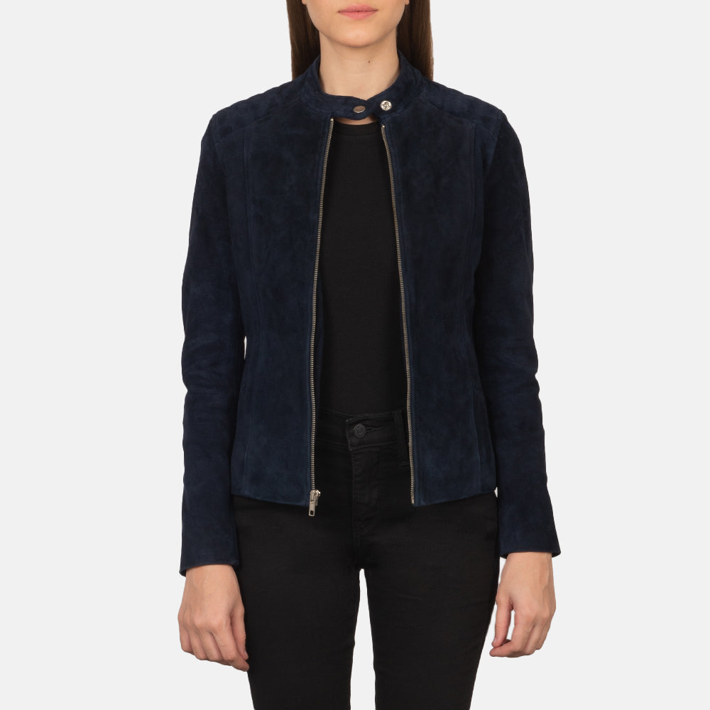 
Kelsee Navy Blue Suede Biker Jacket in Navy Blue Goatskin Suede - Vista frontale e silhouette sartoriale | Acquista online